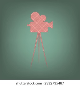 Retro video recording camera on tripod sign. Apricot Icon with Brick Red parquet floor graphic pattern on a Ebony background. Feldgrau. Green. Illustration.