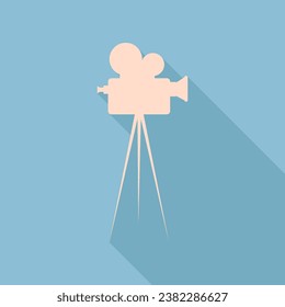 Retro video recording camera on tripod sign. Unbleached silk Icon with very long shadow at dark sky blue background. Illustration.