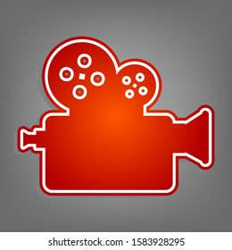 Retro video recording camera sign. Flat red icon with linear white icon with gray shadow at grayish background. Illustration.
