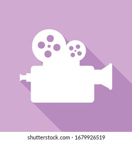 Retro video recording camera sign. White Icon with long shadow at purple background. Illustration.