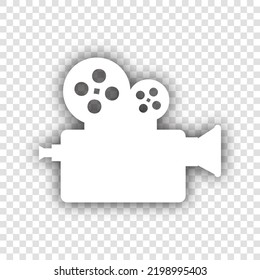 Retro Video-Aufnahme Kamerazeichen. Weißes Symbol mit heruntergefallenem natürlichem grauem Schatten auf transparentem Hintergrund. Illustration.