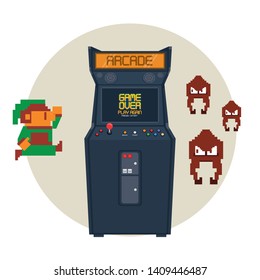 Retro videogame  arcade machine action character hero jumping and enemies round frame vector illustration graphic design