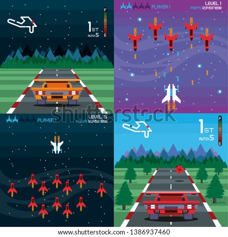 Retro videogame  arcade screens set card