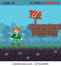 Retro videogame character playing in scenery with enemies and obstacles. ,vector illustration