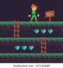 Retro videogame character playing in scenery with enemies and obstacles. ,vector illustration