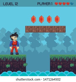 Retro videogame character playing in scenery with enemies and obstacles. ,vector illustration