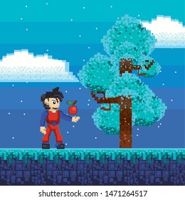 Retro videogame character playing in scenery with enemies and obstacles. ,vector illustration