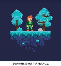 Retro videogame character playing in scenery with enemies and obstacles. ,vector illustration