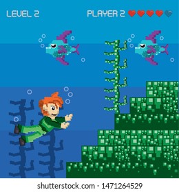 Retro videogame character playing in scenery with enemies and obstacles. ,vector illustration