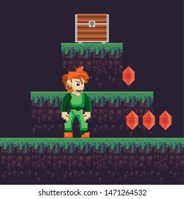 Retro videogame character playing in scenery with enemies and obstacles. ,vector illustration