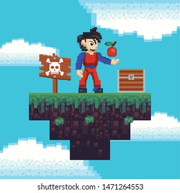Retro videogame character playing in scenery with enemies and obstacles. ,vector illustration