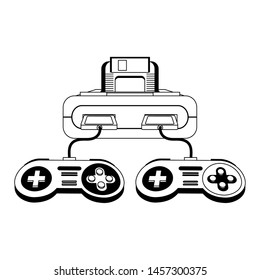 Retro videogame console with cassette and two gamepads vector illustration graphic design