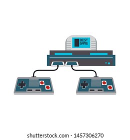 Retro videogame console with cassette and two gamepads vector illustration graphic design