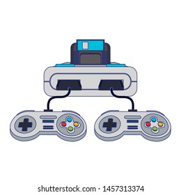 Retro videogame console with cassette and two gamepads . graphic design