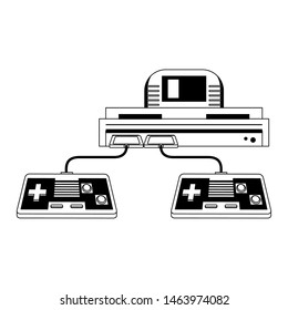Retro videogame console with cassette and two gamepads vector illustration graphic design