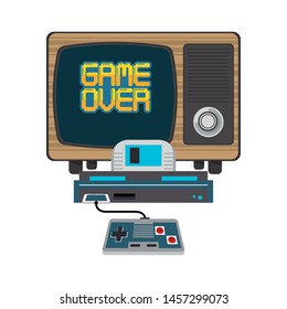 Retro videogame console with gamepad connected to television vector illustration graphic design