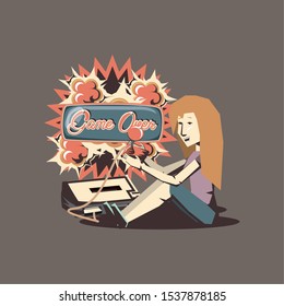 retro videogame design with avatar woman playing videogames over gray background, colorful design. vector illustration