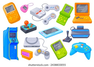 Retro videogame devices. Vintage game gadgets nintendo consoles, gamer controllers y2k gaming electronics technology 80s, hipster joystick remote control, neat vector illustration of console game