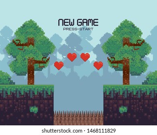 Retro videogame new game press start screenplay with scenery, videogame items and levels, gamers concept. vector illustration.