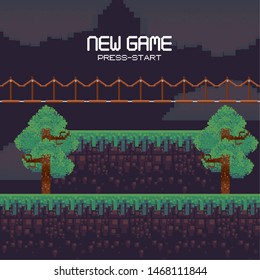 Retro videogame new game press start screenplay with scenery, videogame items and levels, gamers concept. vector illustration.