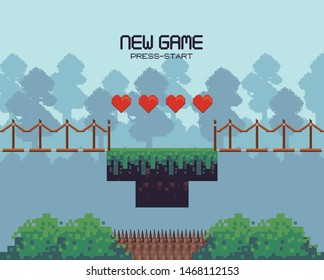 Retro videogame new game press start screenplay with scenery, videogame items and levels, gamers concept. vector illustration.