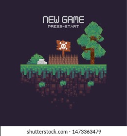 Retro videogame new game press start screenplay with scenery, videogame items and levels, gamers concept. vector illustration.