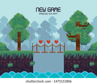 Retro videogame new game press start screenplay with scenery, videogame items and levels, gamers concept. vector illustration.