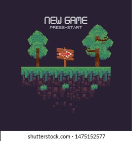 Retro videogame new game press start screenplay with scenery, videogame items and levels, gamers concept. vector illustration.