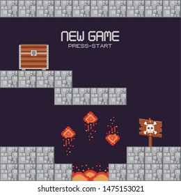 Retro videogame new game press start screenplay with scenery, videogame items and levels, gamers concept. vector illustration.