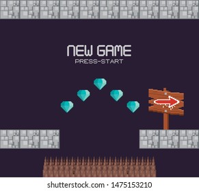 Retro videogame new game press start screenplay with scenery, videogame items and levels, gamers concept. vector illustration.