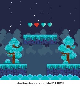 Retro videogame night forest at night scenery with hearts on terrain vector illustration.