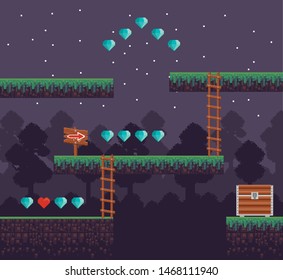 Retro videogame night forest at night scenery with diamonds chest and ladle vector illustration.