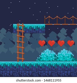 Retro videogame night forest at night scenery with ladle and hearts lifes vector illustration.