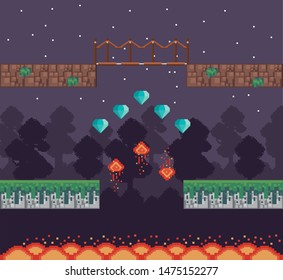 Retro videogame night forest at night scenery with lava and diamonds vector illustration.