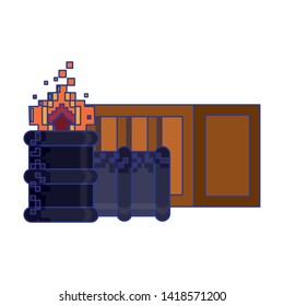 Retro videogame pixelated barrels on fire and wooden box cartoons isolated vector illustration graphic design