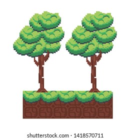 Retro videogame pixelated cartoons trees in nature isolated vector illustration graphic design