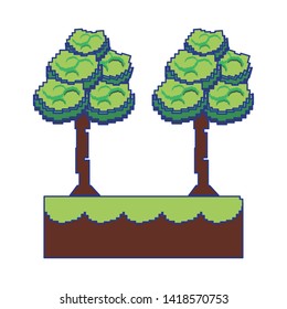 Retro videogame pixelated cartoons trees in nature isolated vector illustration graphic design