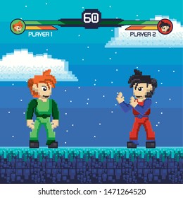 Retro videogame pixelated fight match characters in scenery ,vector illustration