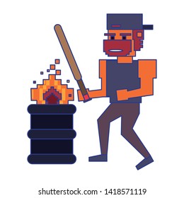 Retro videogame pixelated gangster with bat and barrel with fire cartoons isolated vector illustration graphic design