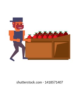 Retro videogame pixelated gangster and fruits in stand cartoons isolated vector illustration graphic design