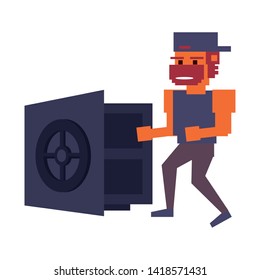 Retro videogame pixelated gangster and strongbox open cartoons isolated vector illustration graphic design