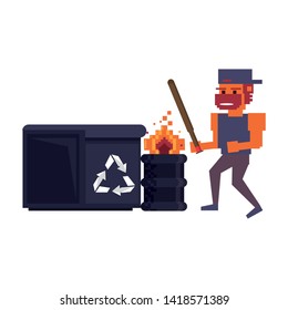 Retro videogame pixelated ganster with bat and barrel with trash can cartoons isolated vector illustration graphic design