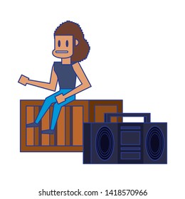 Retro videogame pixelated girl on wooden box with radio stereo cartoons isolated vector illustration graphic design