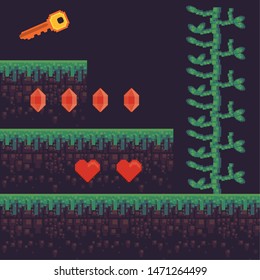 Retro videogame pixelated scenery jungle at night with apples coins and key items ,vector illustration