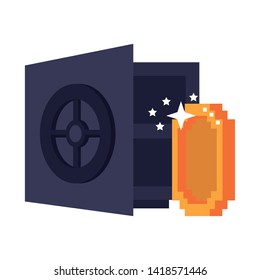 Retro videogame pixelated strongbox with coin cartoons isolated vector illustration graphic design