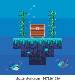 Retro videogame pixelated underwater scenery with chest and fishes ,vector illustration