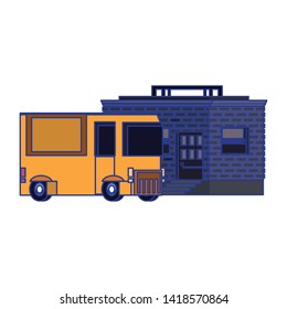 Retro videogame pixelated van and building cartoons isolated vector illustration graphic design