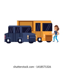 Retro videogame pixelated van and bus with woman cartoons isolated vector illustration graphic design