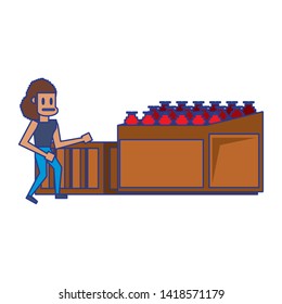 Retro videogame pixelated woman and fruits on stand cartoons isolated vector illustration graphic design