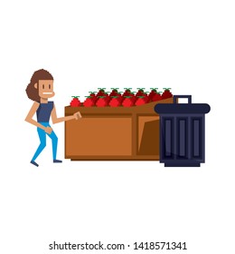 Retro videogame pixelated woman and trash can woth fruits on stand cartoons isolated vector illustration graphic design